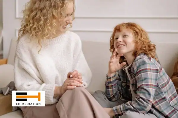 Happy mother and child after sorting child arrangements mediation Hyde